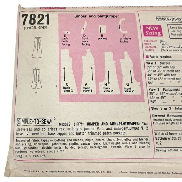 Simplicity Pattern 7821 Misses Size 10 Jumper & Pantjumper  Vintage Uncut FF - Picture 7 of 8